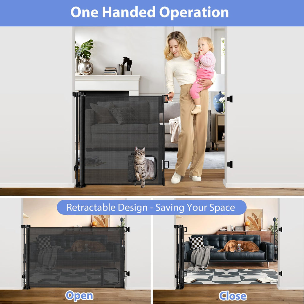 Retractable Pet Gate with Cat Door for Home Safety