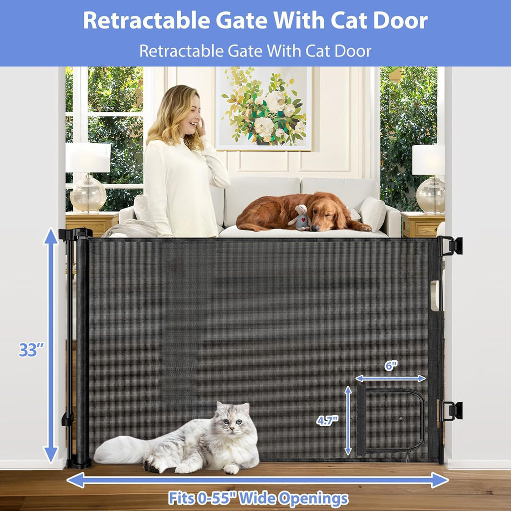 Retractable Pet Gate with Cat Door for Home Safety