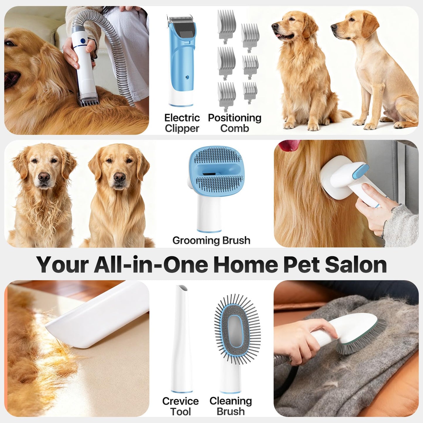 Pet Grooming Vacuum Kit with Hair Clipper and Shedding Brush