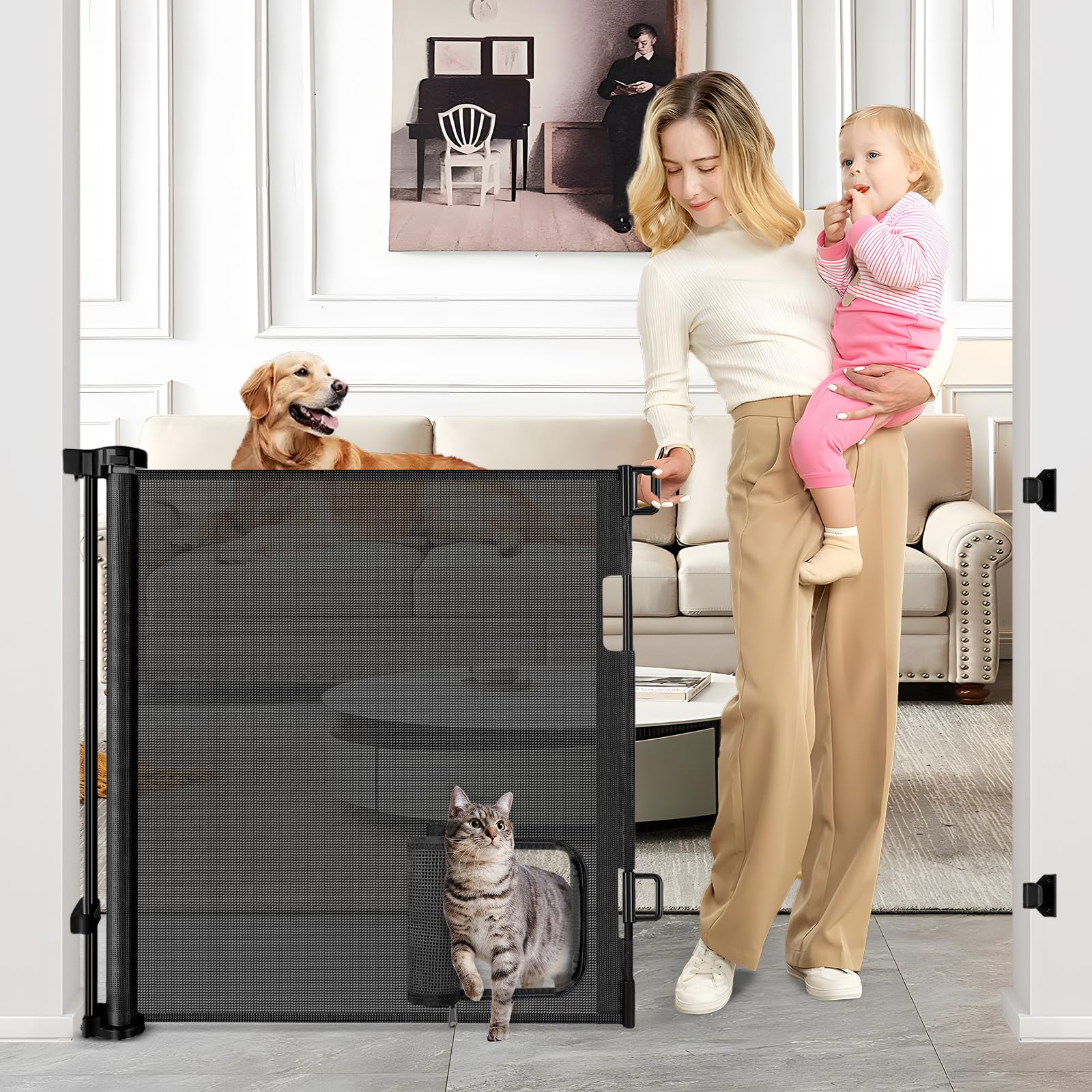 Retractable Pet Gate with Cat Door for Home Safety