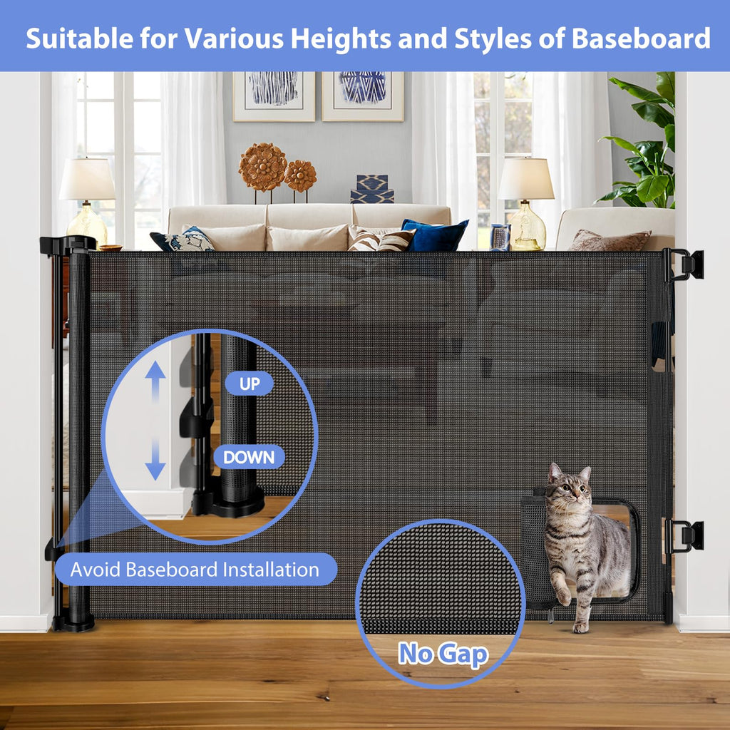 Retractable Pet Gate with Cat Door for Home Safety