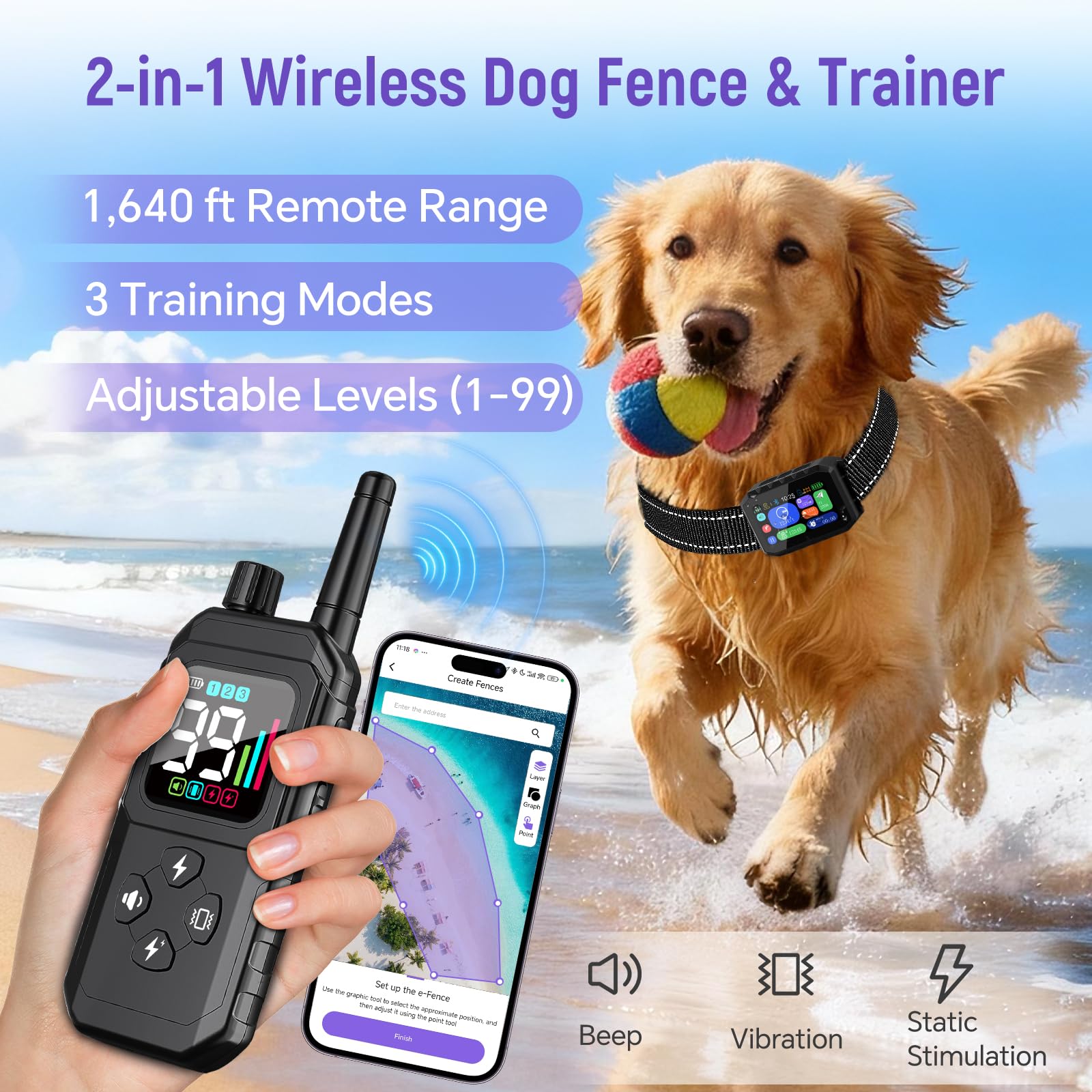 GPS Wireless Dog Fence with App Control and Training Modes