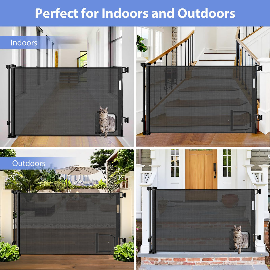 Retractable Pet Gate with Cat Door for Home Safety