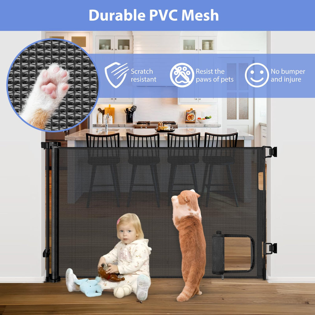 Retractable Pet Gate with Cat Door for Home Safety
